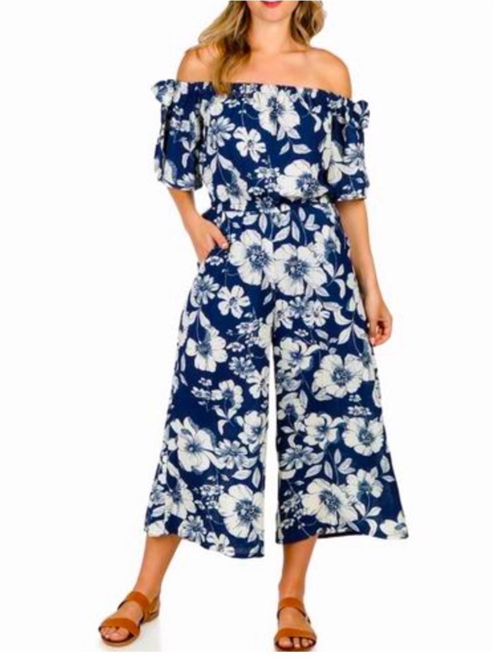 New NWT A.U.W. 8 Navy Blue Floral Off Shoulder Tie Strap Wide Leg Jumpsuit